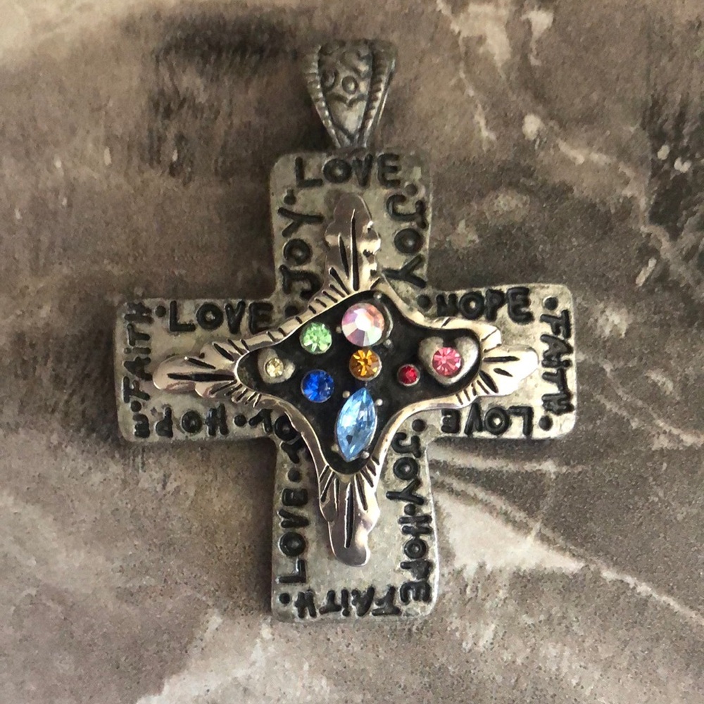 Silver Cross Pendant with Colorful Gems